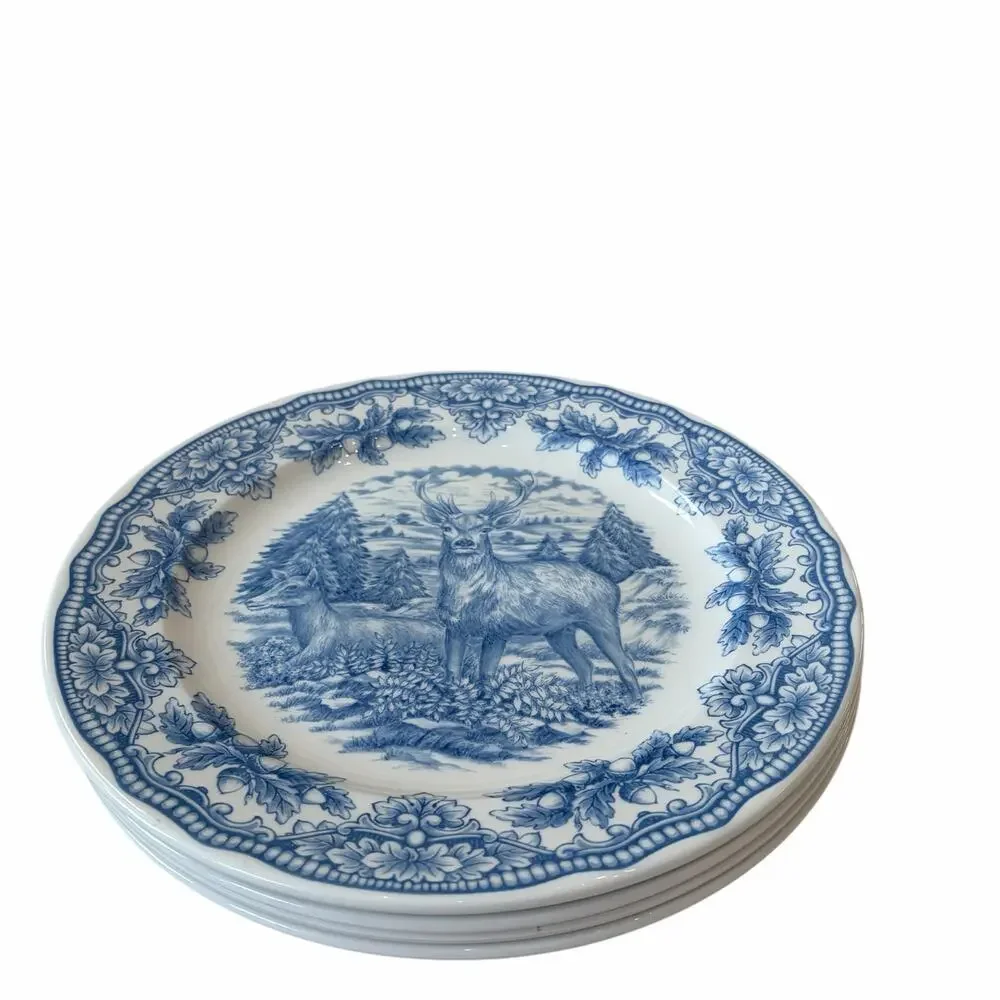 Royal Stafford Homeland STAG Dinner Plates 11in Set of 4 Blue Thanksgiving NEW